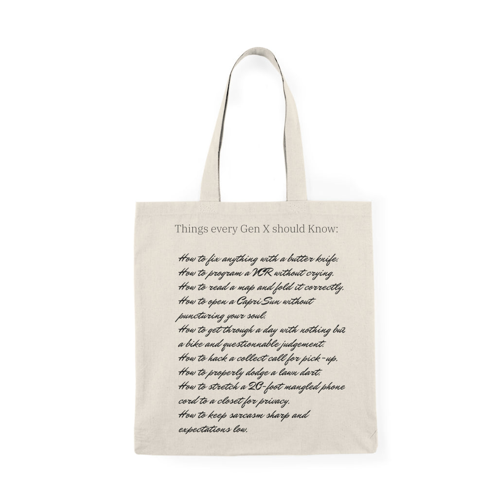 Gen X Goods Natural Tote Bag — "Things Every Gen X Should Know" Printed Reusable Market Tote