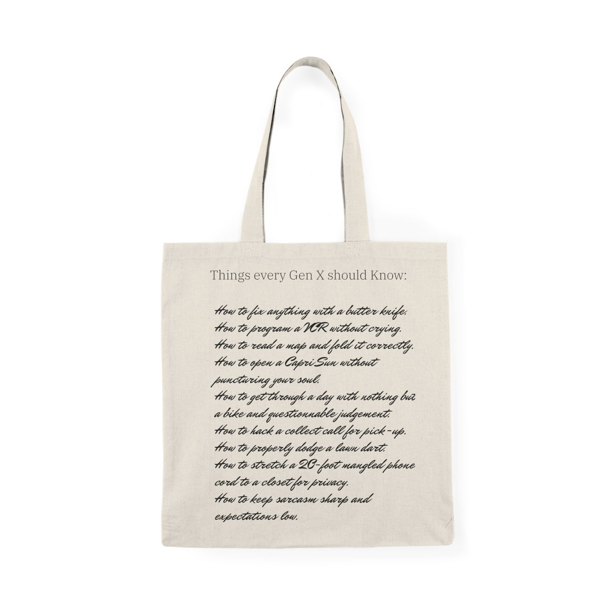 Gen X Goods Natural Tote Bag — "Things Every Gen X Should Know" Printed Reusable Market Tote